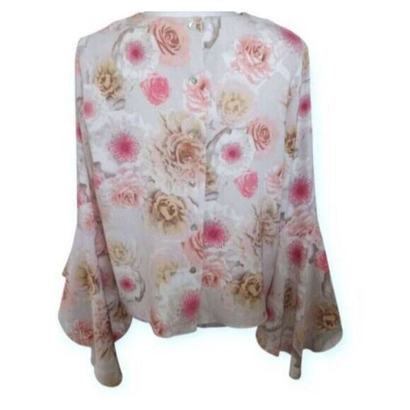CATHERINE MALANDRINO PINK FLORAL BELL SLEEVE BLOUSE SZ.M EUC. - Picture 4 of 6